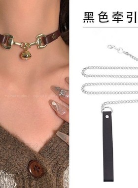 美拉德棕色皮革铃铛项链朋克冷淡风禁欲系锁骨链choker项圈颈链
