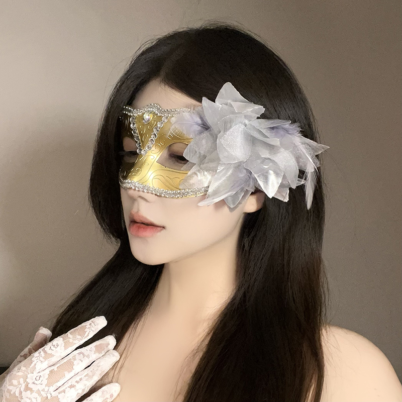 万圣节面具侧边花朵羽毛化妆舞会派对女成人儿童半脸晚会拍照面罩