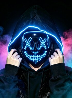 V字恐怖LED全脸发光面具万圣节成人儿童搞怪夜光派对鬼脸面罩头套