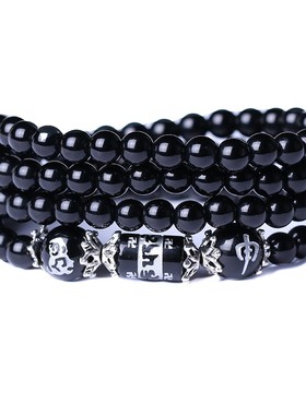 天然黑曜石生肖烫银款多层手链