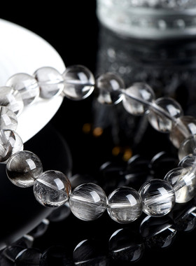 久雅水晶 天然黑银钛晶圆珠手链板钛晶 银色钛晶发晶手串厂家直销