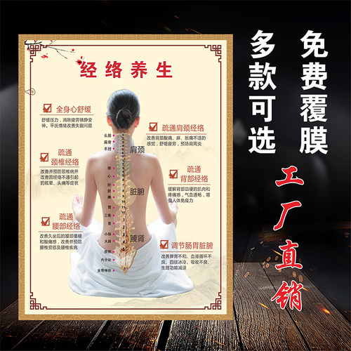 精油开背经络养生海报推拿拔罐刮痧挂图中医养生馆装饰画艾灸挂图