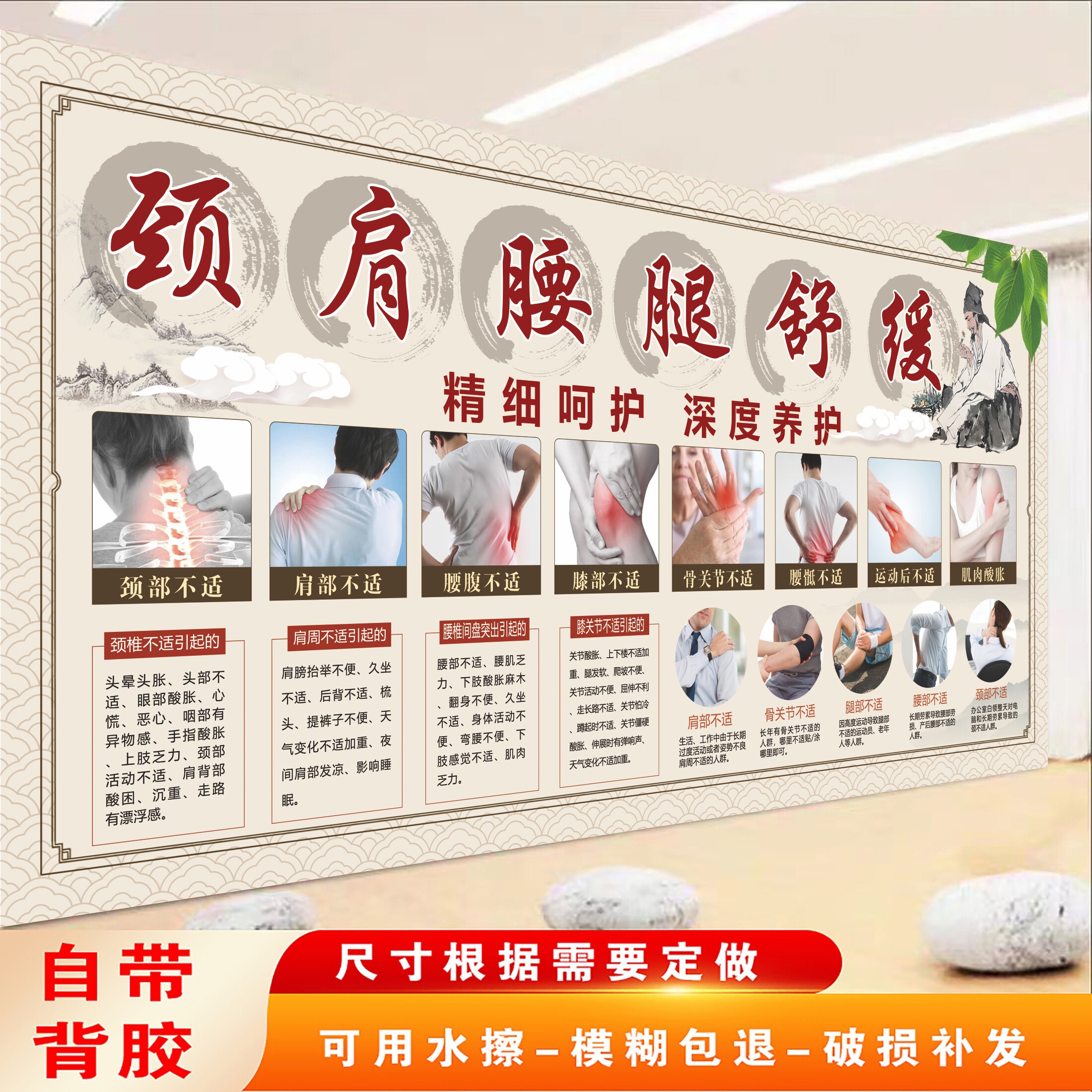 颈肩腰腿痛挂图中医养生馆正骨推拿盲人按摩店背景墙自粘贴画贴纸