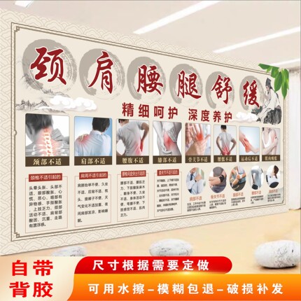 颈肩腰腿痛挂图中医养生馆正骨推拿盲人按摩店背景墙自粘贴画贴纸
