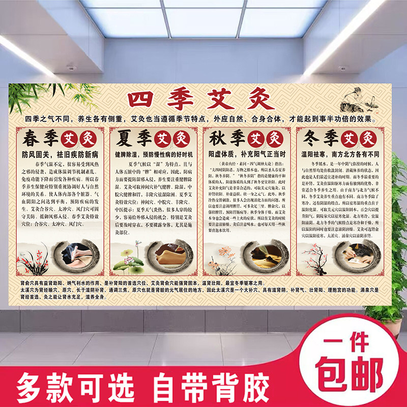 艾灸的好处四季艾灸功效宣传画中医养生馆广告贴纸美容院泥灸挂画