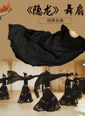 真丝隐龙舞蹈扇子跳舞扇加长飘纯黑色古典舞广场舞中国风长绸扇子