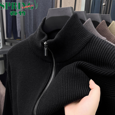 上海春竹秋冬加厚拉链羊毛开衫100羊绒衫男中年纯色针织毛衣外套