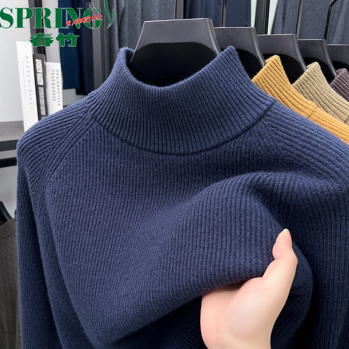 上海春竹100%山羊绒衫男士半高圆领针织衫中年冬季加厚纯色毛衣