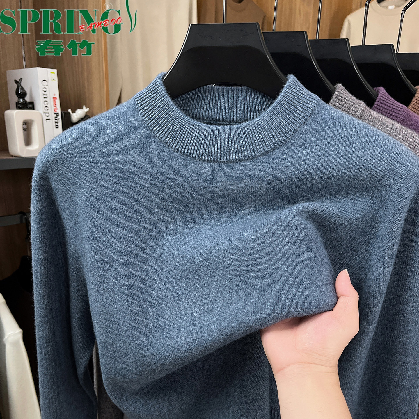 上海春竹100%山羊绒衫男士圆领加厚冬季羊毛衫中青年针织打底毛衣