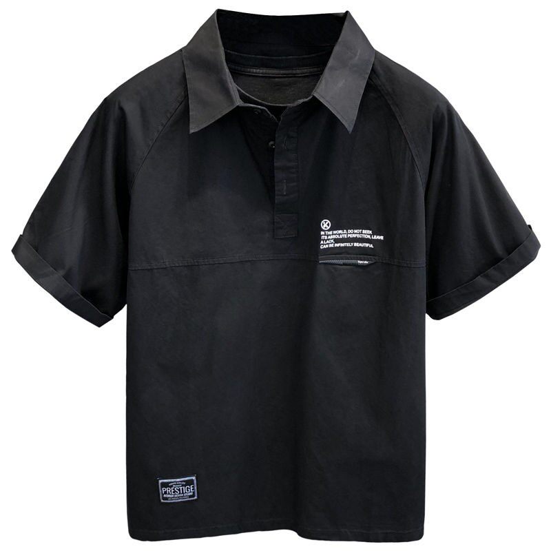 JAPANESE AMERICAN WORKWEAR POLO COLLAR SHIRT MENS SUMMER RETRO ICE SILK SHORT SLEEVE T-SHIRT TRENDY BRAND LAPEL HALF-SLEEVED SHIRT