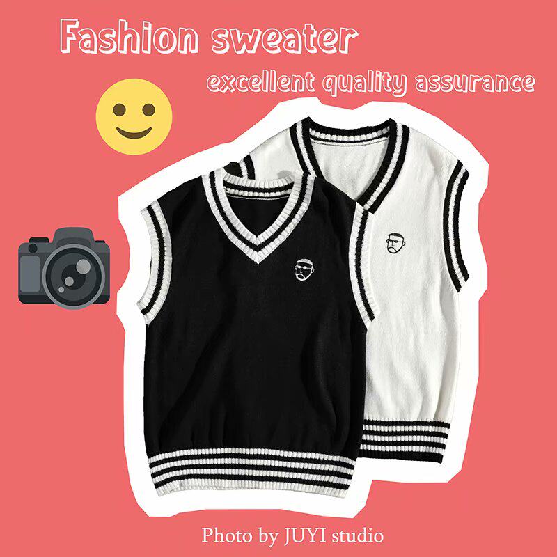 AUTUMN PORT FASHION MENS CHIC CARTOON EMBROIDERY CONTRAST COLOR V-NECK SWEATER SWEATER SLEEVELESS COUPLE VEST VEST WOMEN