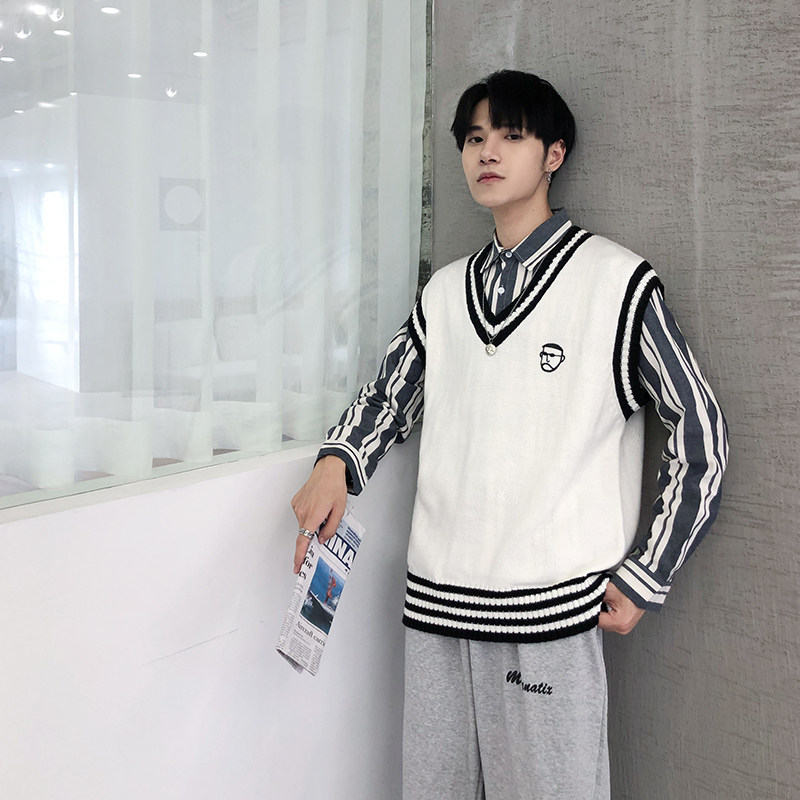 AUTUMN PORT FASHION MENS CHIC CARTOON EMBROIDERY CONTRAST COLOR V-NECK SWEATER SWEATER SLEEVELESS COUPLE VEST VEST WOMEN