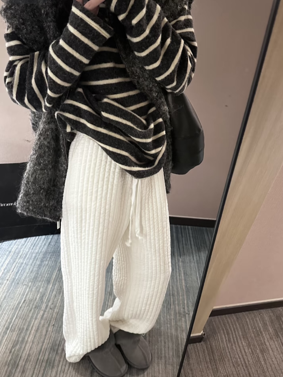 100%棉 嘎嘎显瘦竖条纹绗缝夹棉宽松直筒休闲裤松紧腰阔腿棉裤