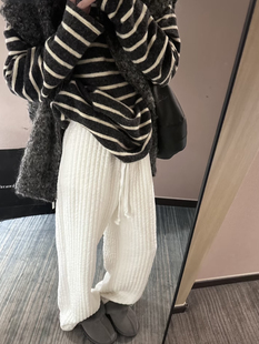 松紧腰阔腿棉裤 100%棉 嘎嘎显瘦竖条纹绗缝夹棉宽松直筒休闲裤