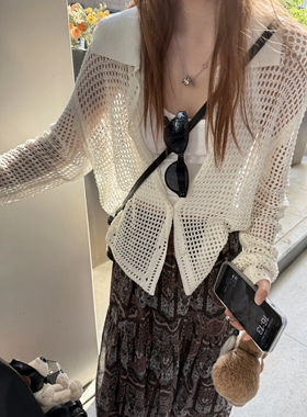 夏日穿搭灵魂单品 莱赛尔天丝亚麻翻领薄款镂空针织开衫短外套