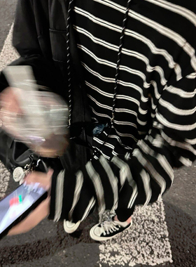 基础款95%棉黑白条纹百搭显瘦圆领长袖T恤上衣 叠穿外穿好帮手