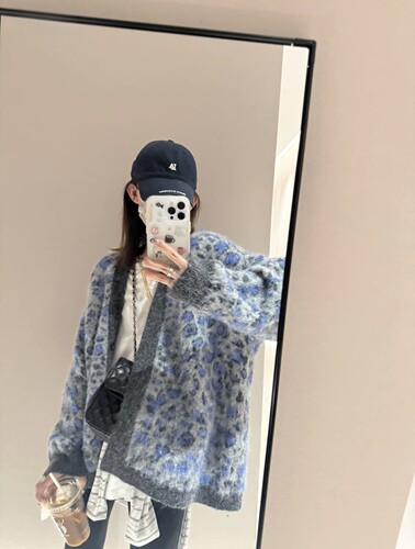 雾蓝野豹&摩卡棕豹纹 慵懒宽松v领单排扣羊毛针织开衫外套女