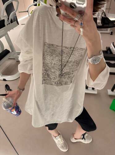 【手绘涂鸦Tee】100棉肌理感水洗棉 长袖圆领宽松大T恤上衣女