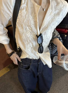 100%苎麻～法式气质简约刺绣正肩立体定位绣花单排扣白色长袖衬衫