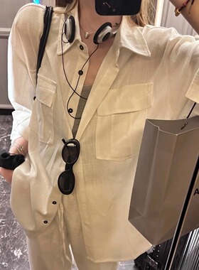 45%亚麻 松弛感大口袋亚麻衬衫宽松长袖上衣女 休闲大版白色衬衣
