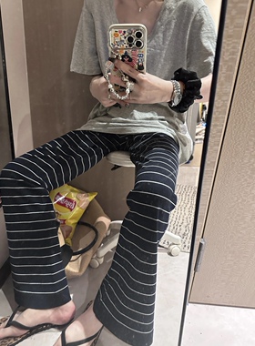 超模腿 65%莱赛尔天丝超舒服条纹针织裤夏季透气微喇裤显瘦显腿长