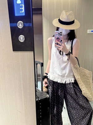 夏日特供！重磅天丝亚麻白色宽松无袖圆领花边流苏背心上衣女