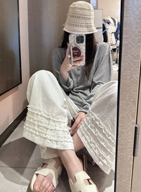 65%苎麻 松弛主义九分裤 花边白色苎麻裤 重工松紧腰休闲阔腿裤