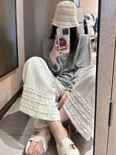 65%苎麻 松弛主义九分裤 花边白色苎麻裤 重工松紧腰休闲阔腿裤