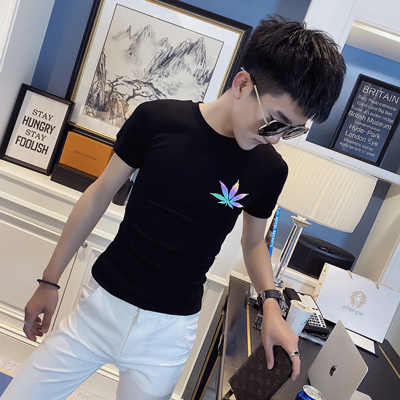 社会小伙夏季反光短袖T恤半袖修身tee白TX141-P38控58,男装T恤,电商A343