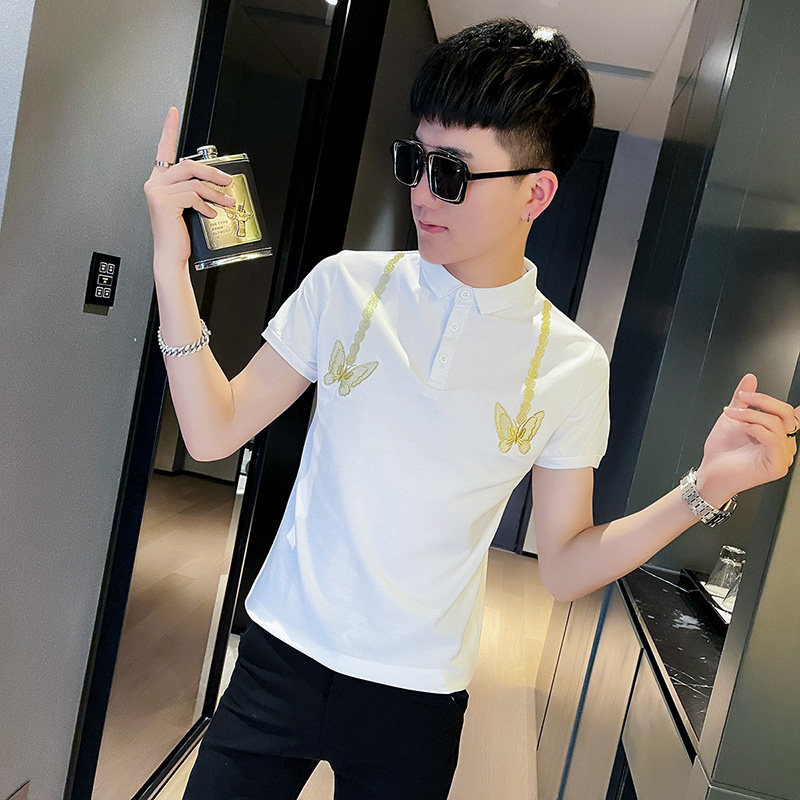 PL69社会精神小伙修身刺绣短袖polo衫白,男装Polo衫,电商A343