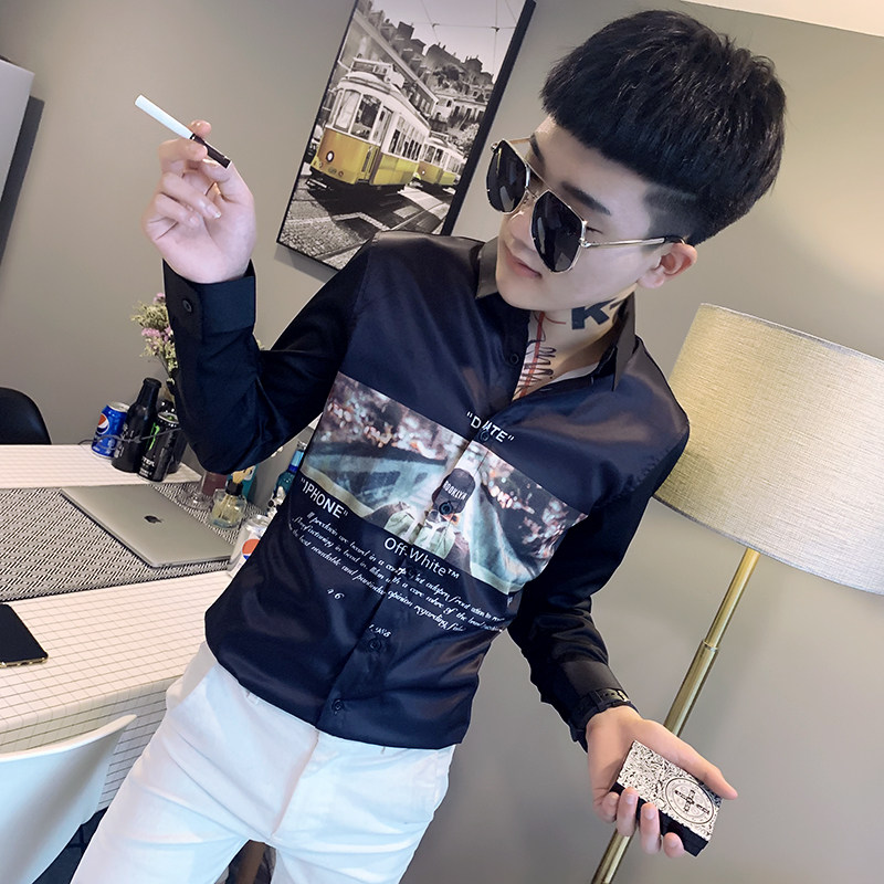 社会精神小伙修身印花长袖衬衫男衬衣白A343-CS99-P65,男装衬衫,电商A343