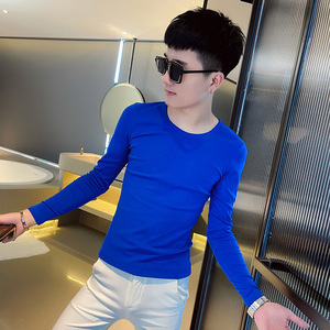 T 秋季社会小伙纯色修身打底衫长袖T恤男潮流 蓝图片