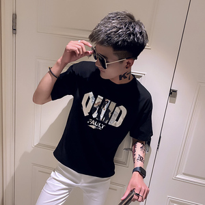 2021夏季新款社会小伙宽松亮片短袖t恤衫男 A343-TX131-P38(白)图片
