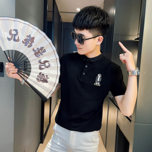 PL71 社会精神小伙修身刺绣短袖polo衫 黑1图片