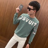 秋季社会小伙ins修身圆领套头卫衣男潮上衣A343-WY39墨绿，男装卫衣，电商A343