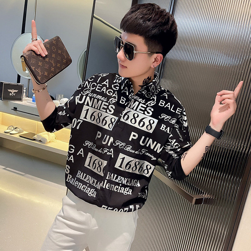 CS146-P58 控78 社会小伙印花套头七分袖衬衫花衬衣男潮 黑图片
