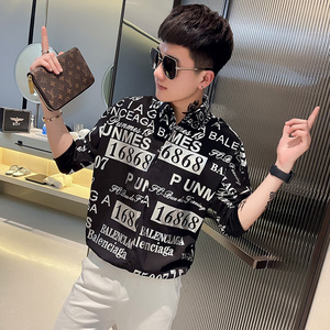 CS146-P58 控78 社会小伙印花套头七分袖衬衫花衬衣男潮 黑图片