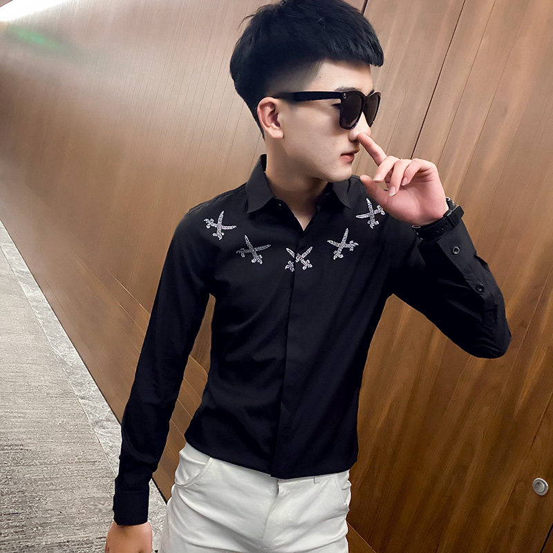 秋装社会精神小伙烫钻长袖衬衫男衬衣黑CS140-P65,男装衬衫,电商A343