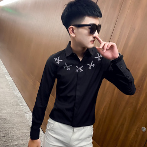 秋装社会精神小伙烫钻长袖衬衫男衬衣黑CS140-P65