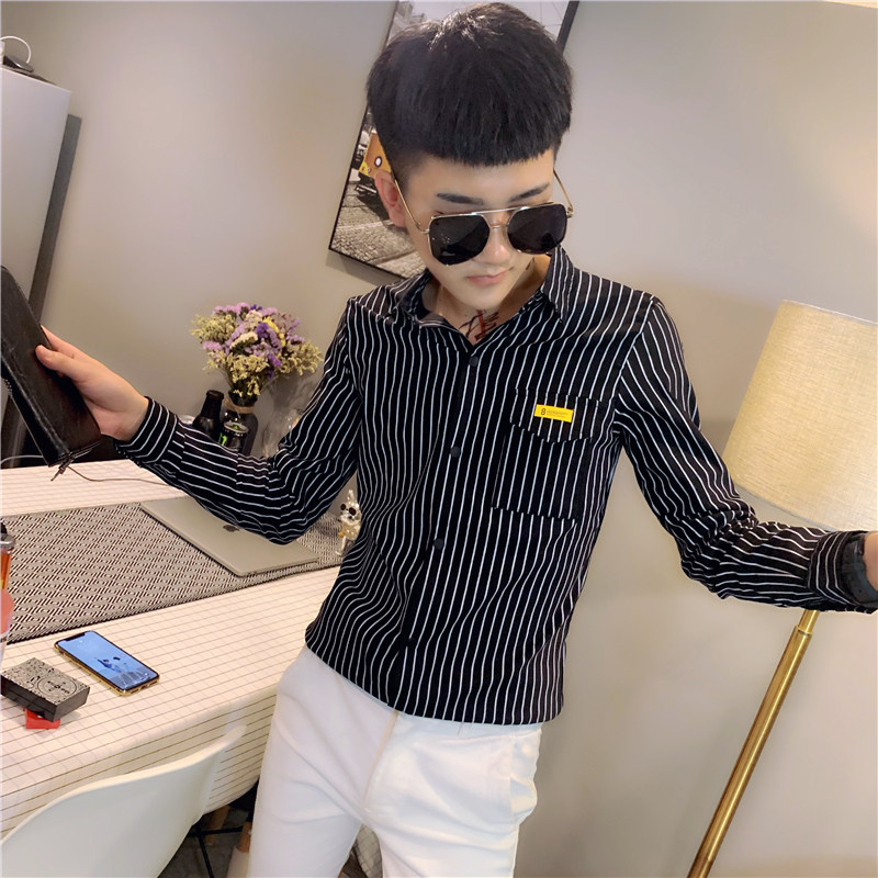 社会精神小伙修身条纹长袖衬衫男衬衣白A343-CS102-P60,男装衬衫,电商A343