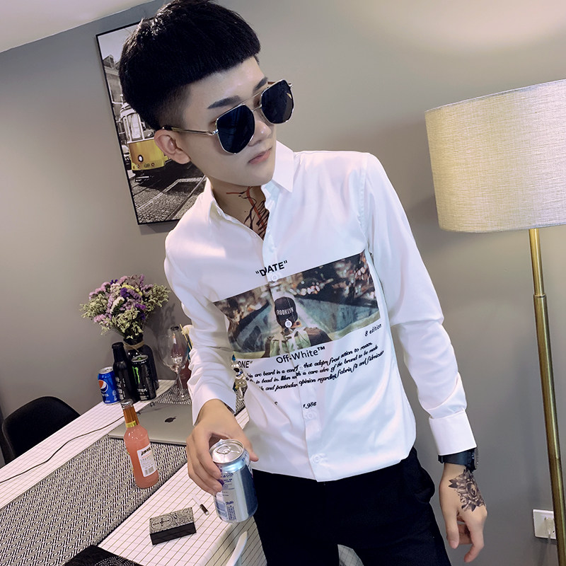 社会精神小伙修身印花长袖衬衫男衬衣白A343-CS99-P65,男装衬衫,电商A343