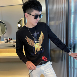 WY76 秋装社会精神小伙修身卫衣男套头衫 黑图片