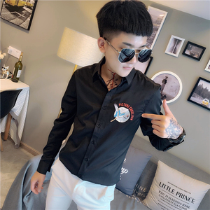 社会小伙修身刺绣印花长袖衬衫男衬衣白 a343-CS100-P65图片
