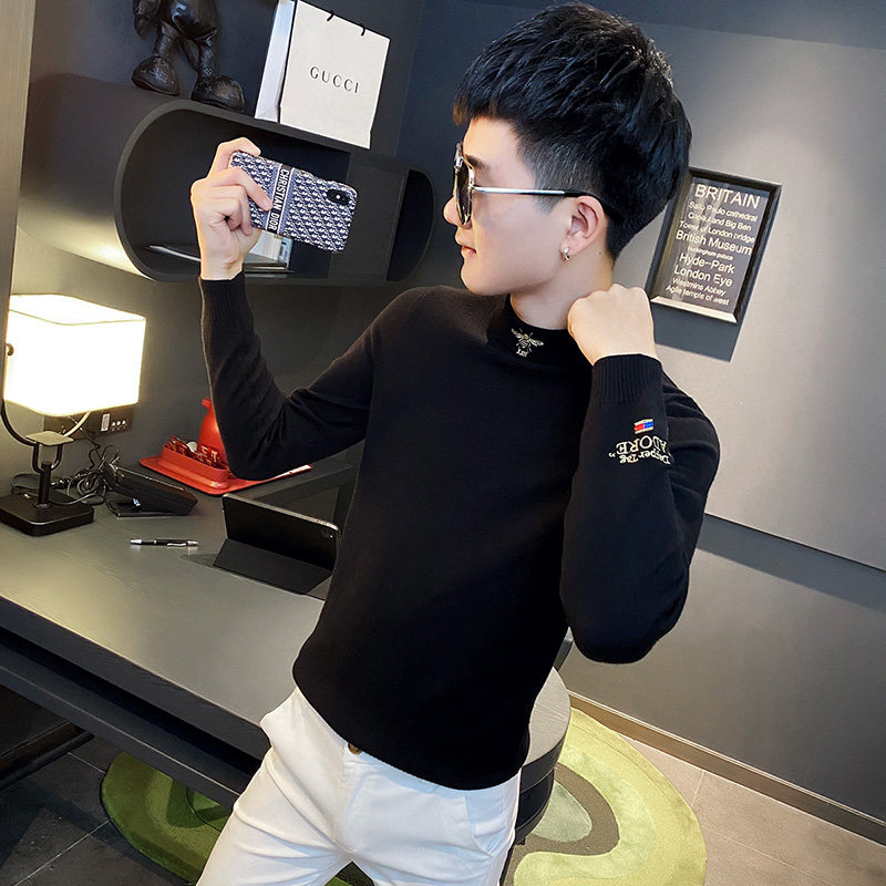 社会小伙领口刺绣织加厚半高领毛线衣男潮 A343-MY92-P75 黑图片