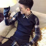 社会小伙拼色修身翻领假两件针织格子毛衣男A343-MY27-P75红，男装针织衫/毛衣，电商A343