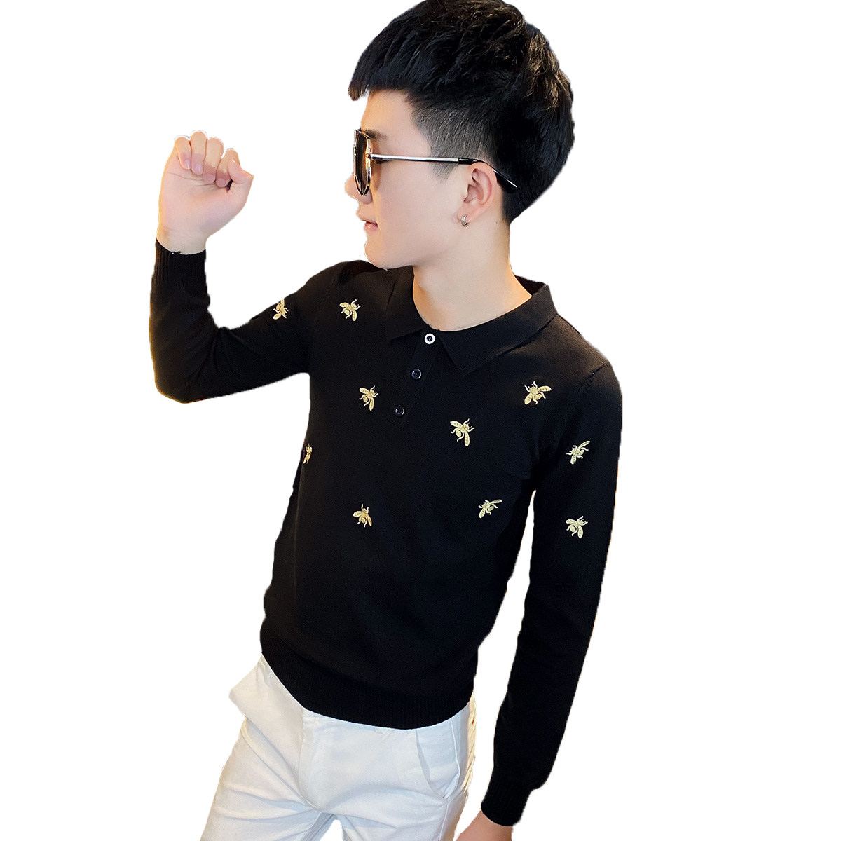 社会小伙刺绣织加厚翻领毛线衣男潮A343-MY93-P75黑1,男装针织衫/毛衣,电商A343