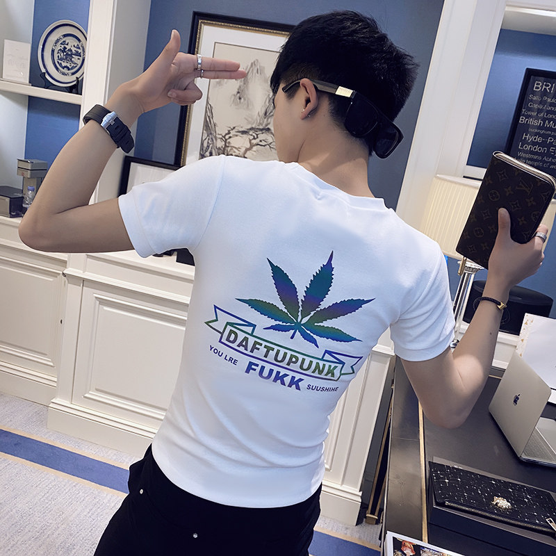 社会小伙夏季反光短袖T恤半袖修身tee 白 TX141-P38 控58图片