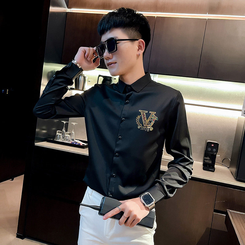 CS165秋装社会小伙修身长袖衬衫男衬衣黑1,男装衬衫,电商A343