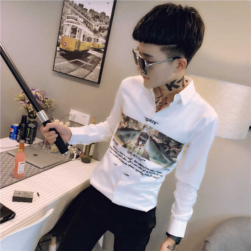 社会小伙修身印花长袖衬衫男衬衣黑A343-CS99-P65,男装衬衫,电商A343