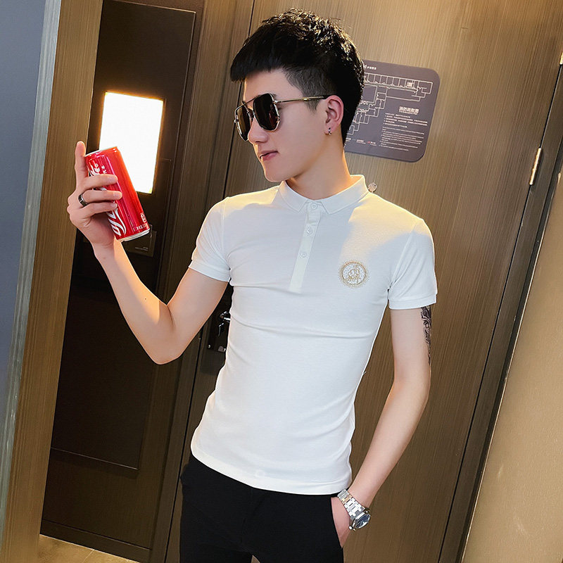 PL63社会小伙修身印花短袖polo衫黑1,男装Polo衫,电商A343